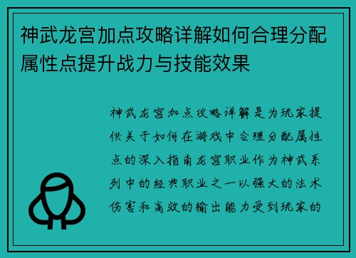 神武龙宫加点攻略详解如何合理分配属性点提升战力与技能效果